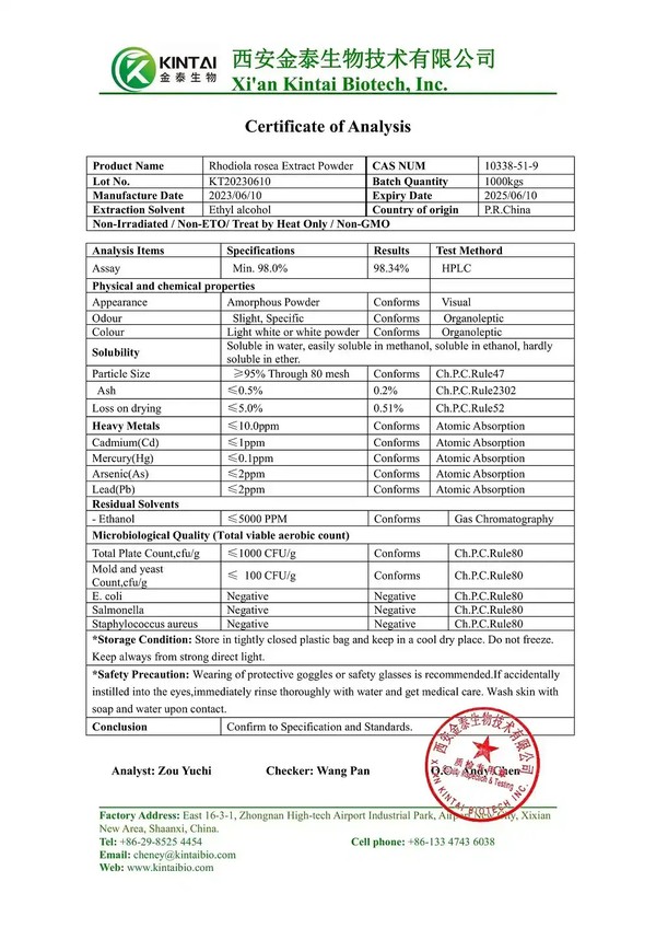 KINTAI Salidroside COA KINTAI Salidroside COA